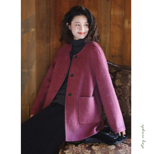 秋冬 两面穿圆领双面呢外套女2026新款 花吉C119梅子色 送帽子