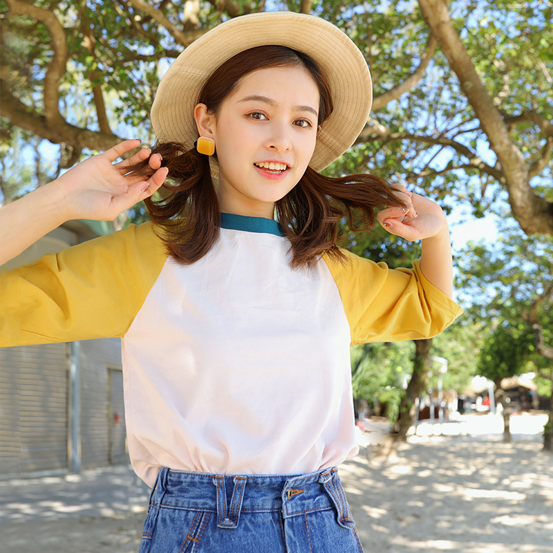 【活動價59】花吉Y924純棉拼色七分袖T恤 女圓領小寬松打底T 0326