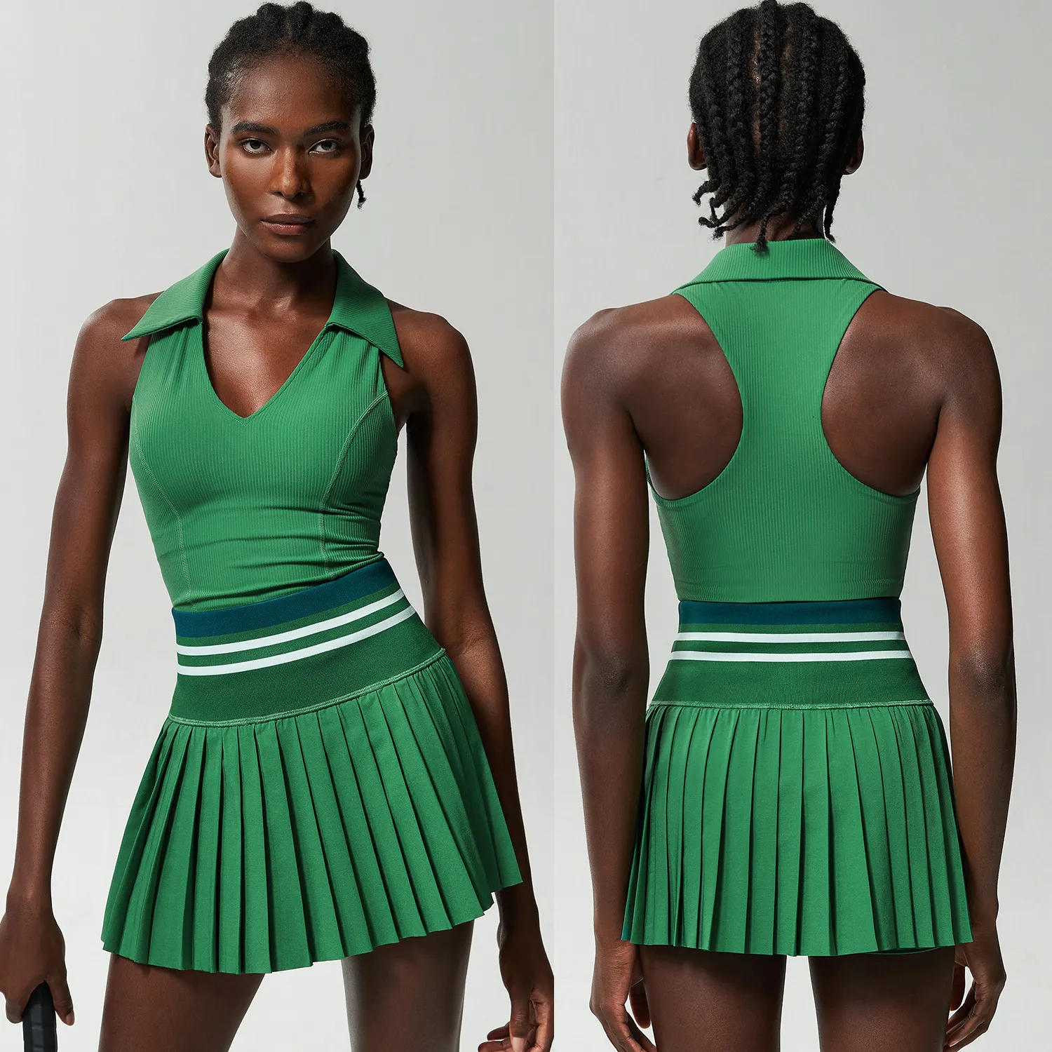 Yb421 stand collar vest + sp461 tennis skirt Two-piece set juniper green