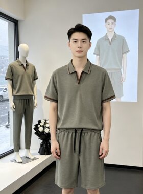 1418男式休闲运动套装夏季主推麻棉海鸥领老钱风短袖+短裤两件套