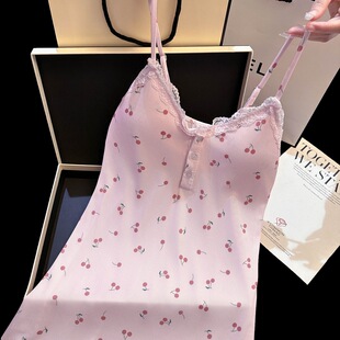 1325碎花性感睡裙女蕾丝边吊带睡衣带胸垫辣妹纯欲风包臀短裙战袍