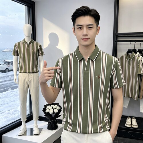 1095Cabin男装男士百搭短袖休闲大码T恤翻领宽松条纹夏季Polo衫