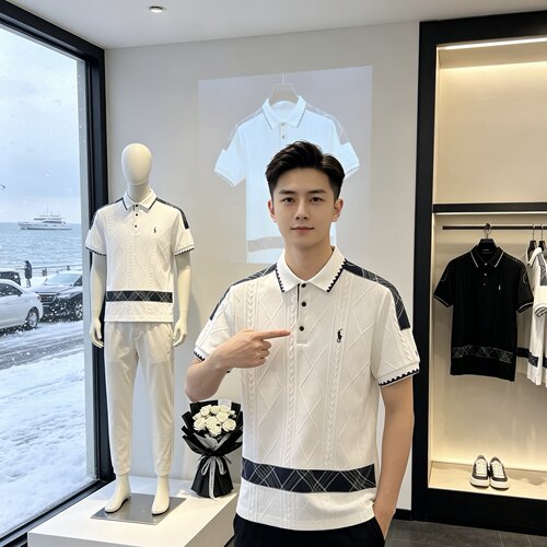 1026欧洲站顶奢polo衫男士夏季宽松翻领T恤纯色百搭简约轻奢商务