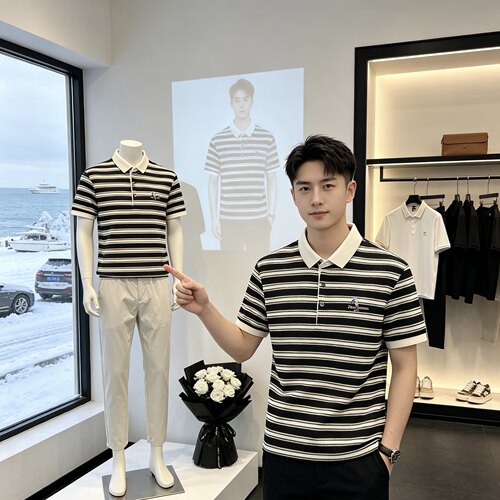 1091帅气夏季新款男士短袖轻奢T恤条纹POLO衫宽松翻领商务上衣男