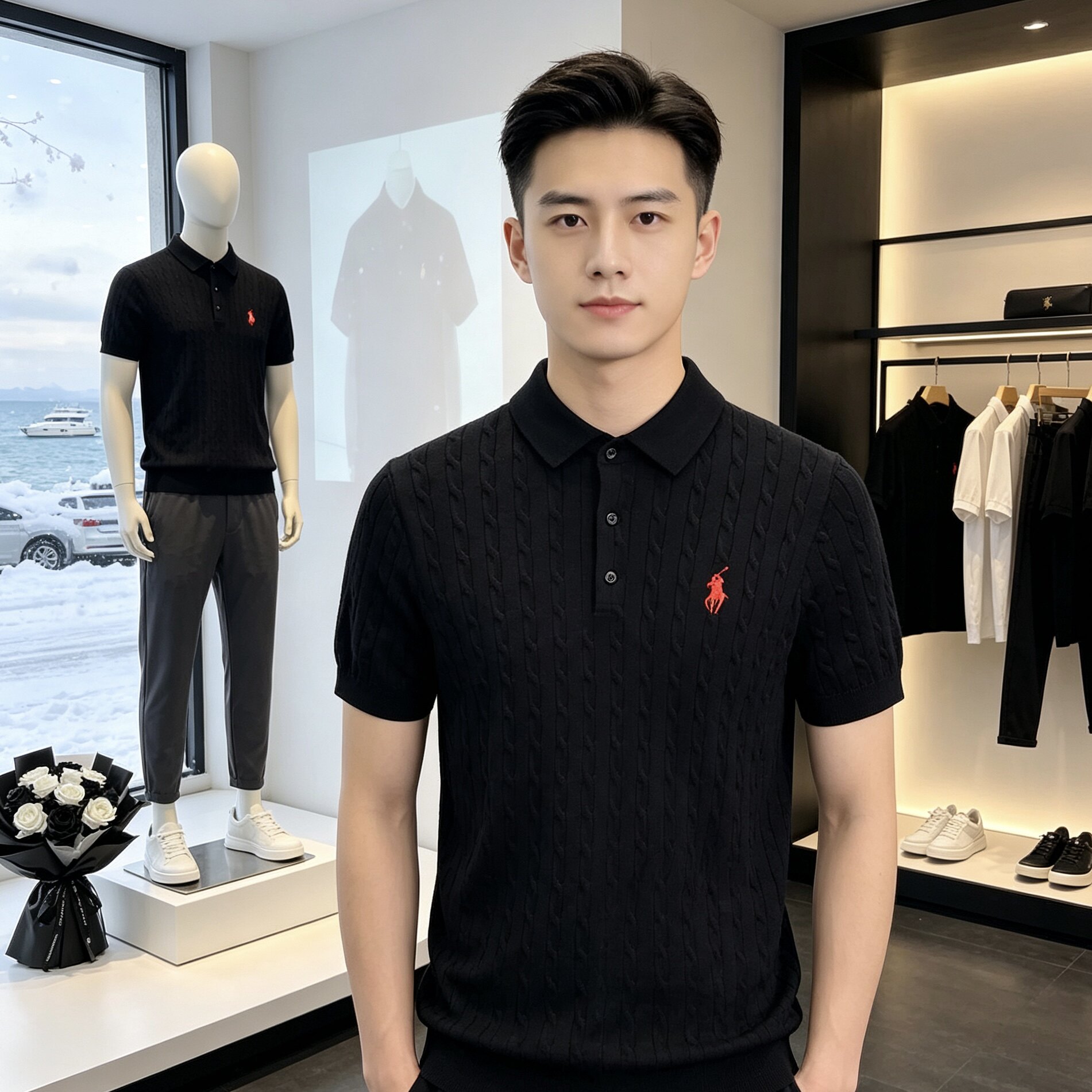 1359新款高质量拉夫马仔刺绣百搭麻花男针织翻领POLO衫短袖上衣潮