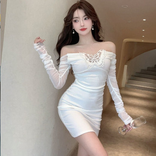 1238纯欲风别致蝴蝶镂空一字肩长袖网纱拼接连衣裙夏季短裙女