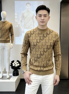 1391大佬秋冬新款含羊毛欧货潮牌时尚毛衣男圆领厚款长袖打底衫男