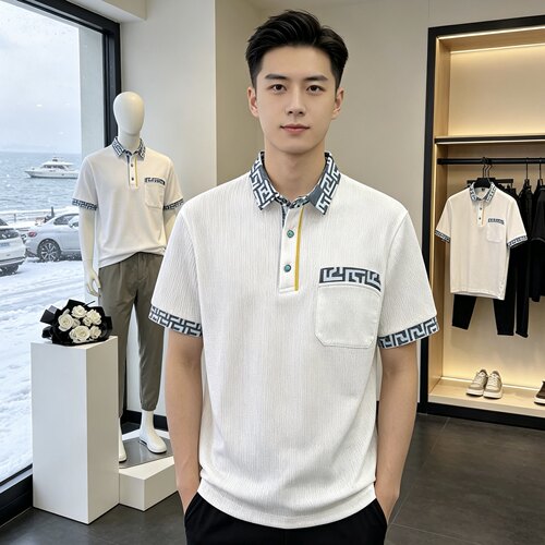 1116夏季男式翻领短袖宝石扣POLO衫男装上衣时尚提花针织T恤衫男
