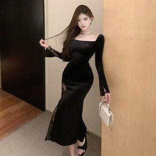 1122辣妹黑色高级感丝绒连衣裙女秋冬新款 气质蕾丝开叉裙子 法式