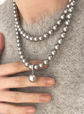 Siaon 双层叠戴真多麻银灰色施家珍珠项链女正圆强光可拆卸2025