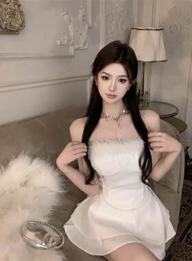 毛毛拼接无袖抹胸背心上衣女冬季纯欲风性感套装a字半身裙两件套