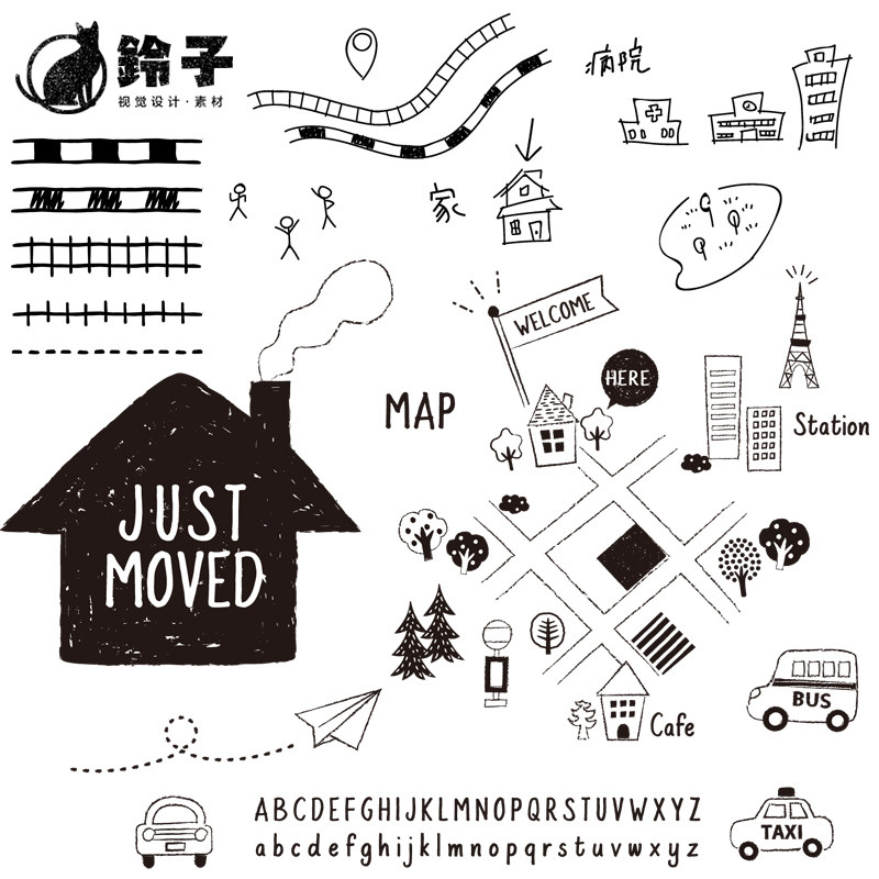 线稿地图简笔画手绘坐标公园医院学校app地址房屋ai矢量设计素材