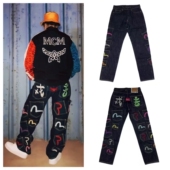 日系潮流水洗多口袋牛仔裤 宽松休闲赤耳直筒刺绣小海鸥M美式 复古