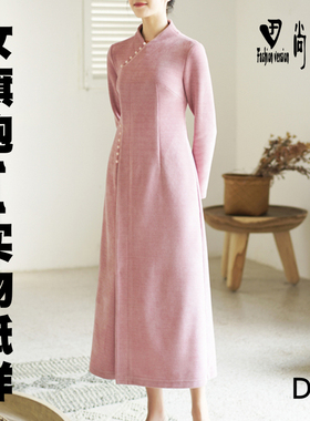 改良旗袍纸样女装灯芯绒长款连衣裙服装缝制图1:1实物纸样BQP-79