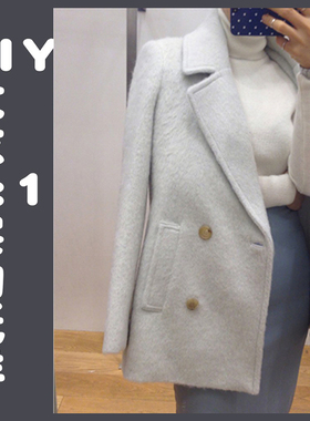 女装简单翻领双排扣中长呢料大衣外套1:1实物纸样裁剪图纸BFY-67