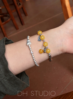 DH古法磨砂纯银竹节琥珀复古国风如意锁手链