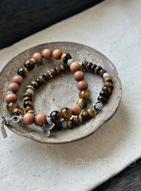 DH天然算盘虎眼石手链纯银老檀木手串小众民族风复古饰品