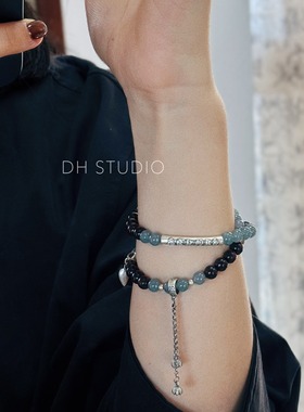 DH【草书里的行楷】复古纯银双圈小叶紫檀蓝水翡翠国风手串