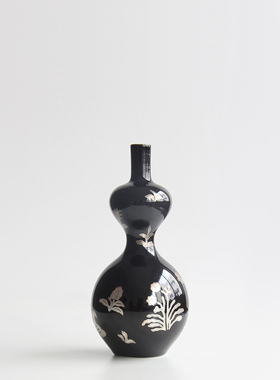 日本清水烧作家手工黑釉银彩吉祥纹葫芦瓷花瓶插花器家居装饰摆件