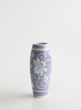 日本清水烧名家手工淡紫彩唐草纹瓷筒花瓶日式插花器家居装饰摆件