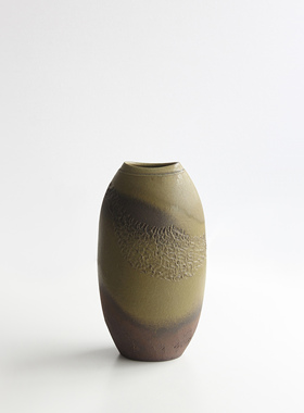 日本备前烧作家手工柴窑灰釉印纹粗陶花瓶日式侘寂家居空间插花器