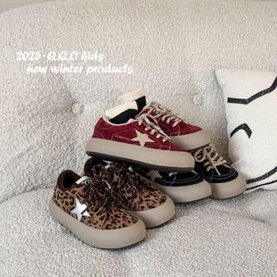 免系鞋带童鞋冬季新款儿童复古星星板鞋加绒韩系男女童真皮休闲鞋