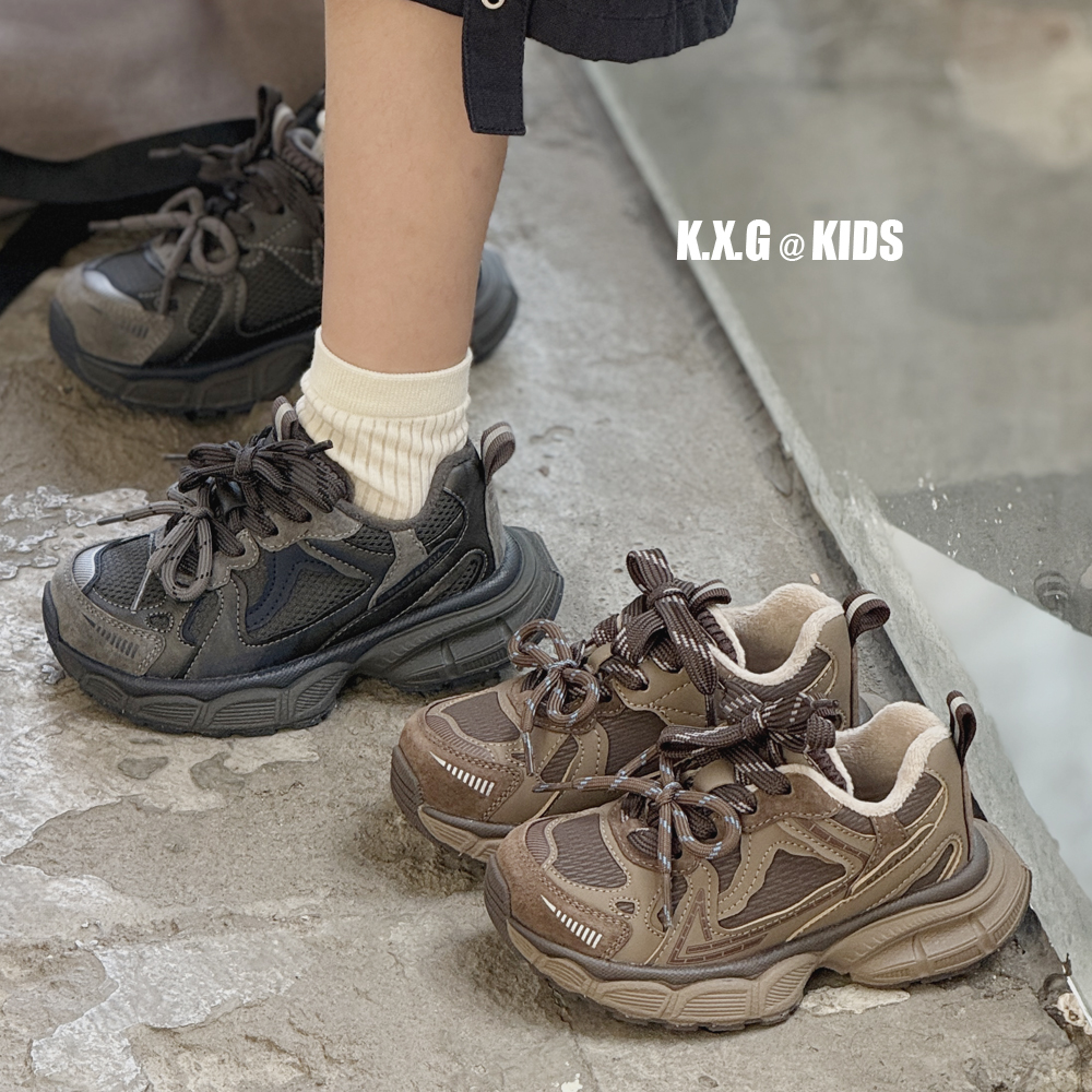 免系鞋带/冬季儿童运动鞋男童女童复古双系带老爹鞋加绒二棉鞋潮