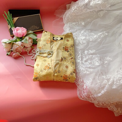 高货 高档真丝织锦女唐装上衣古韵仿古优雅女外套长袖上衣 老黄色