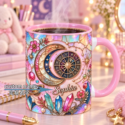 星空星座月牙水晶陶瓷马克杯定制名字粉色杯把咖啡杯女生礼物水杯