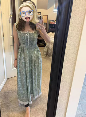 【现货】定制christydawn美式复古碎花连衣裙高腰修身荷叶边长裙