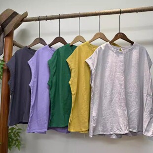 136 62-65 缩力有所不同大版纯色植物染汉麻背心圆领无袖8666