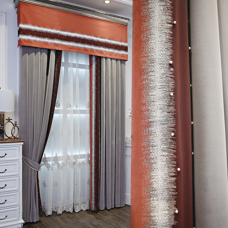 轻奢简约大气别墅客厅落地窗高档绒布灰橙色拼接撞色遮光卧室窗帘