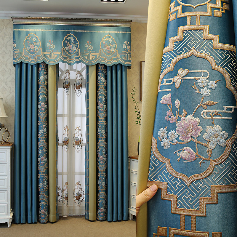 美式奢华别墅客厅落地窗高档大气新中式提花遮光卧室飘窗帘蓝绿色
