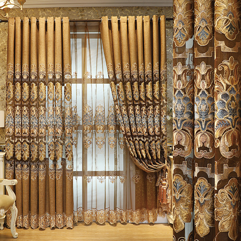 欧式奢华别墅客厅阳台落地窗高档大气雪尼尔大镂空刺绣窗帘新款