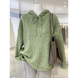 冬日慵懒麻花纹理连帽毛衣新款宽松减龄百搭显瘦保暖针织衫帽衫女