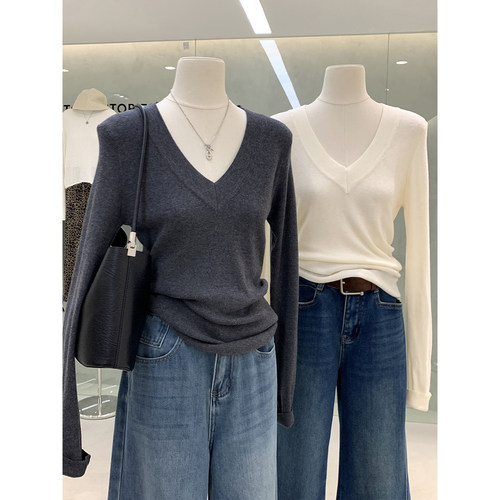 气质V领修身秋冬针织衫韩系穿搭