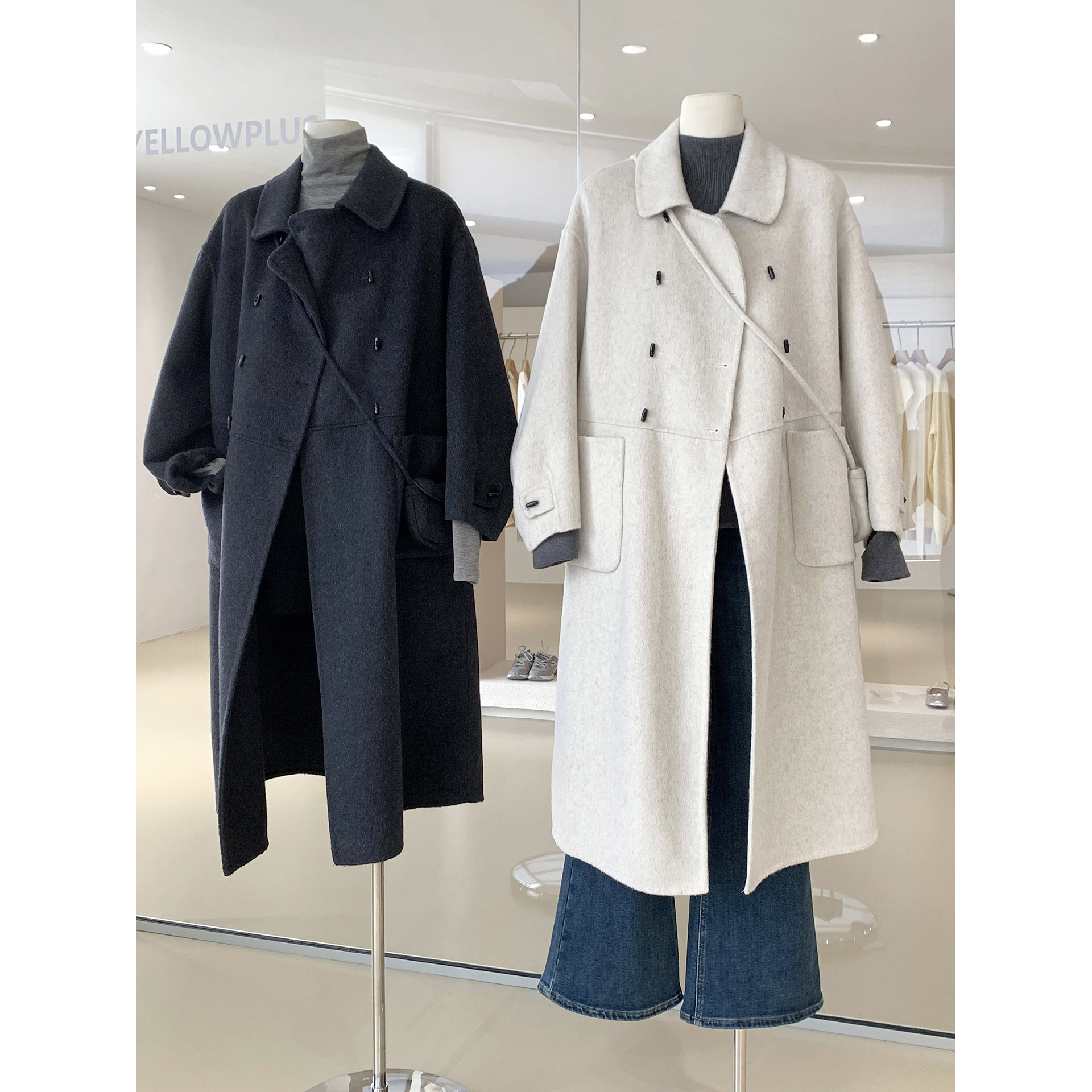 韩女博主感冬季长款羊绒大衣外套