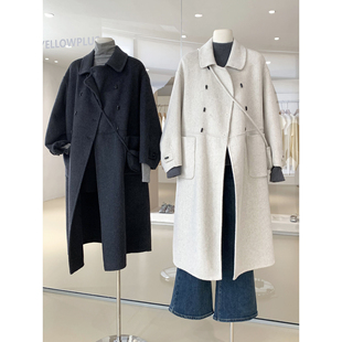 韩女博主感冬季长款羊绒大衣2025新款双排扣双面毛呢外套女配包包