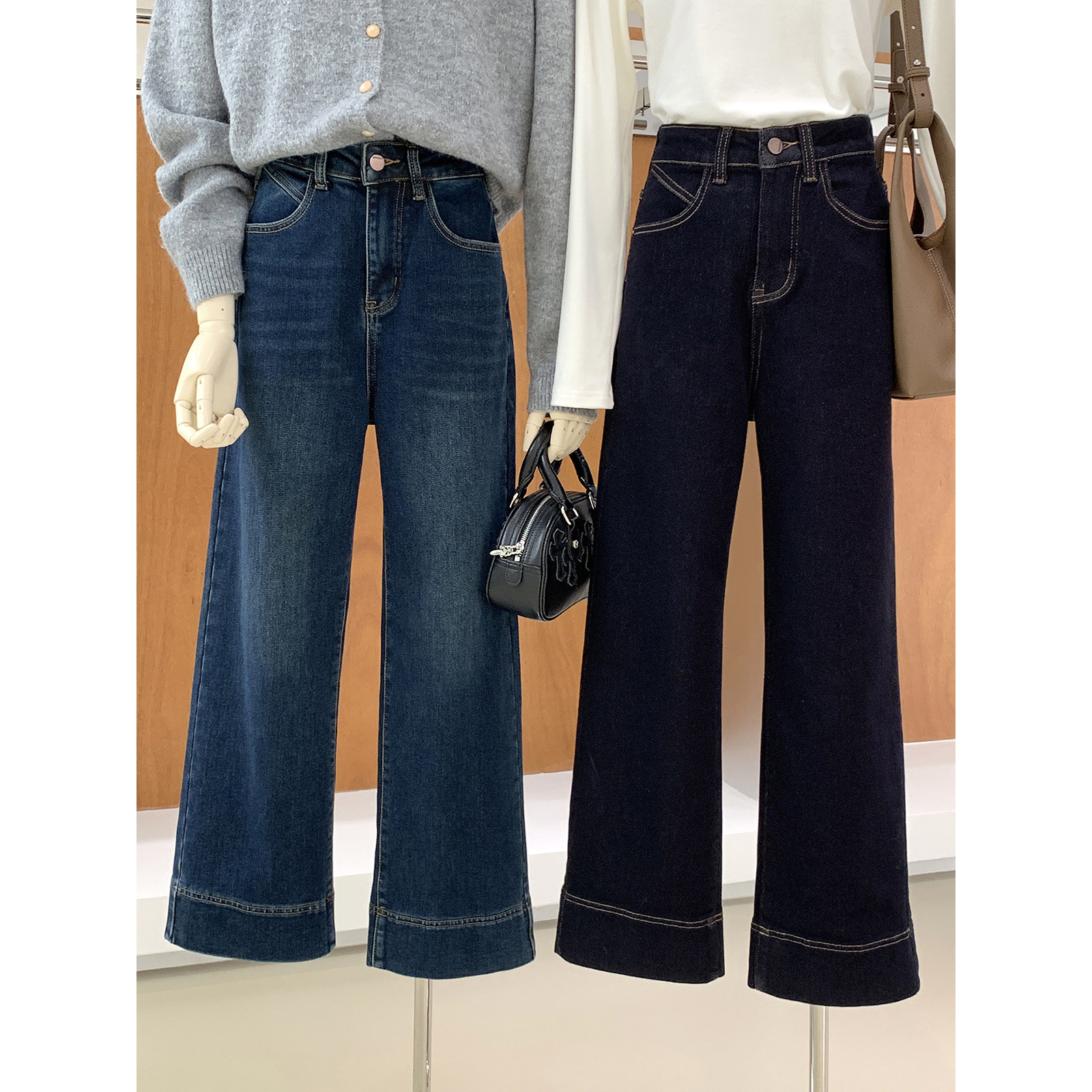 秋冬保暖刚需高腰直筒植绒牛仔裤