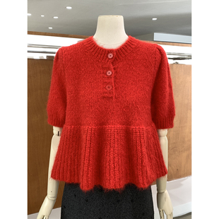 甜美少女感半扣圆领泡泡袖毛衣针织衫秋冬可爱减龄小个子短款上衣