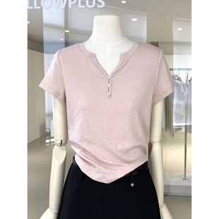 上衣 剪刀领正肩T恤2026春夏短袖 力荐款 柔软雪花细平纹棉常规短款