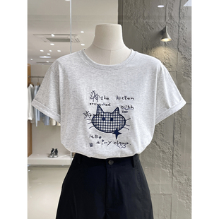 上衣 猫咪刺绣柔软透气吸汗卷边短袖 春夏换季 刚需减龄T恤2026新款