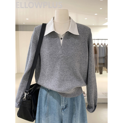 知识份子感拼接撞色假两件毛衣