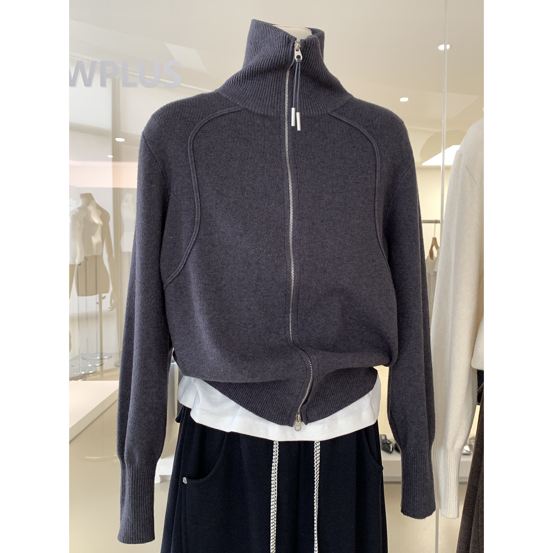 博主感立领双拉链毛衣针织开衫女