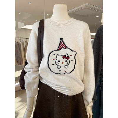 减龄可爱kitty提花圆领套头毛衣