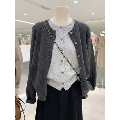 韩版撞色假两件圆领长袖针织开衫