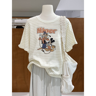 韩系小清新米奇印花圆领短袖条纹T恤夏季新品柔软舒适宽松上衣女