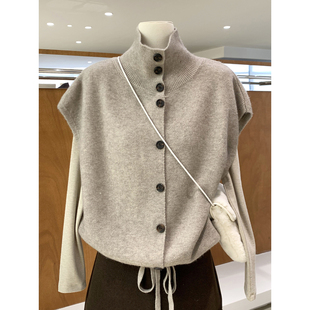 韩里韩气立领排扣无袖坎肩针织马甲2025春款抽绳设计叠穿背心上衣