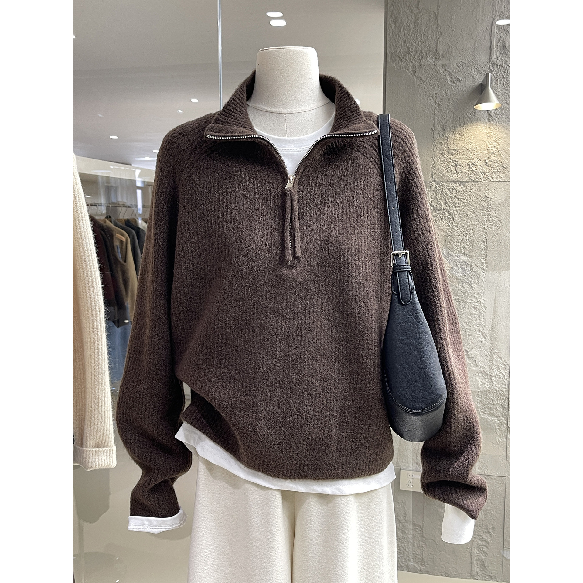 韩版随性松弛感半拉链翻领套头毛衣2025新款休闲百搭含羊毛针织衫,女装/女士精品,毛针织衫,淘宝优惠券,粉丝福利购,淘宝优惠卷