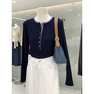 博主感时髦洋气撞色亨利领长袖衫